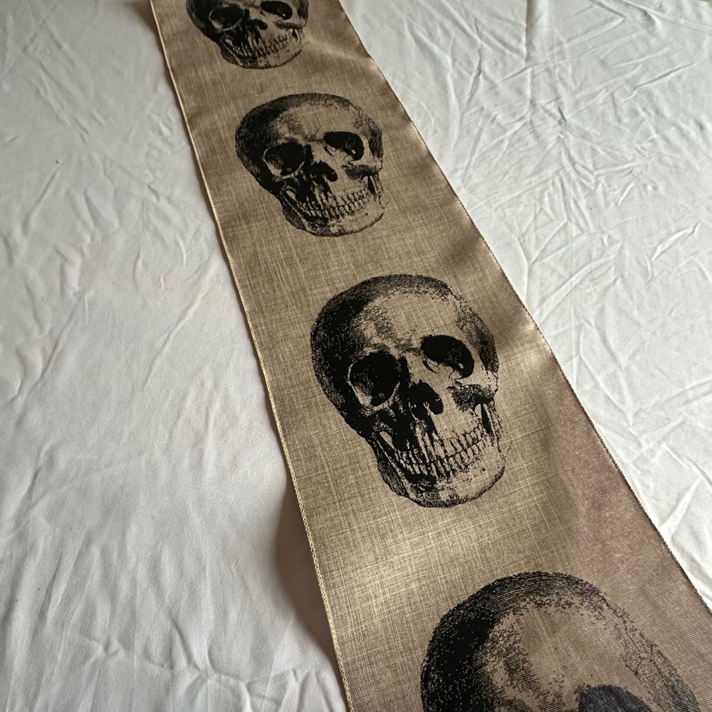 Skull Print Burlap Ribbon 9 Inch Halloween Gothic Decor Craft Trim Roll Runner